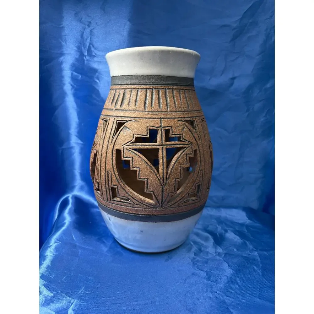Vintage Geometric Cut Out Pottery Stoneware Signed Vase